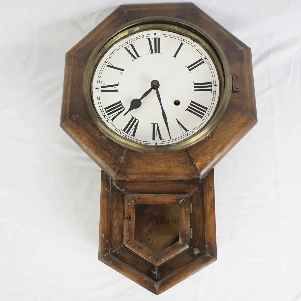 Antique Octagonal Wood Schoolhouse Wall Clock With Pendulum And Key