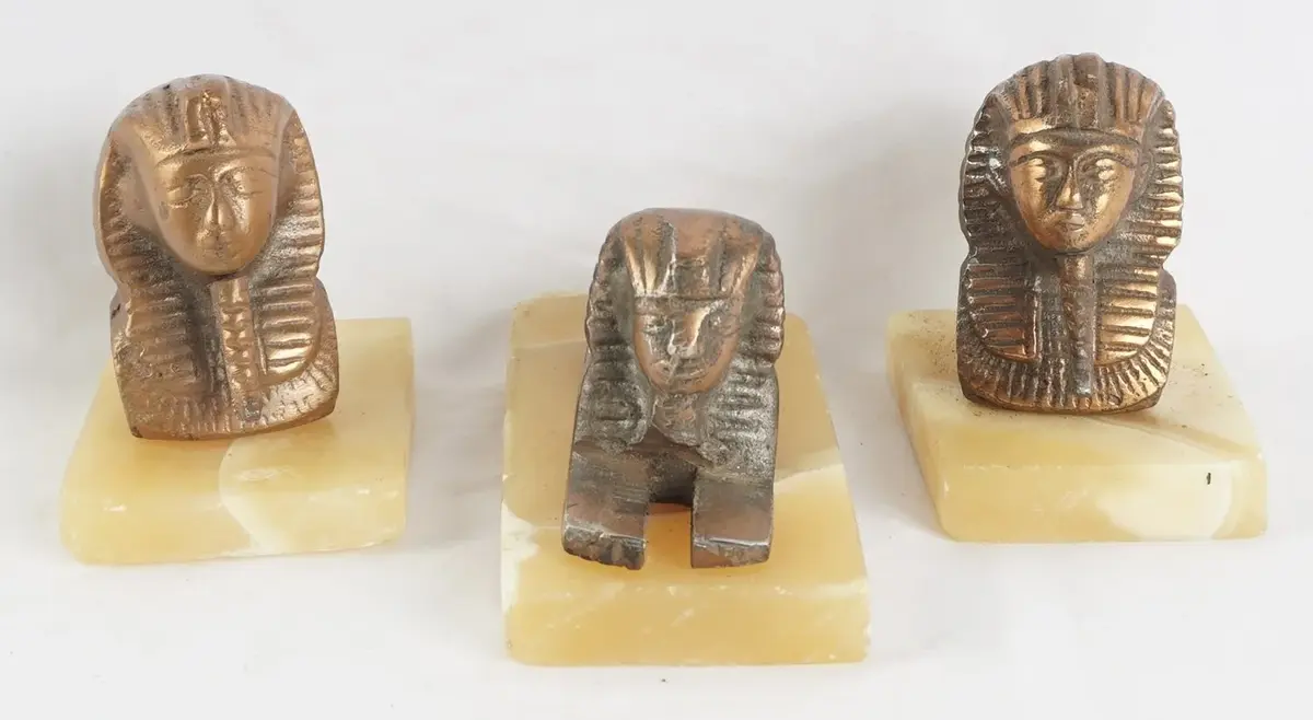 3 Egyptian-Style Copper Finish Figurines On Marble Bases, King Tut Busts And Sphinx