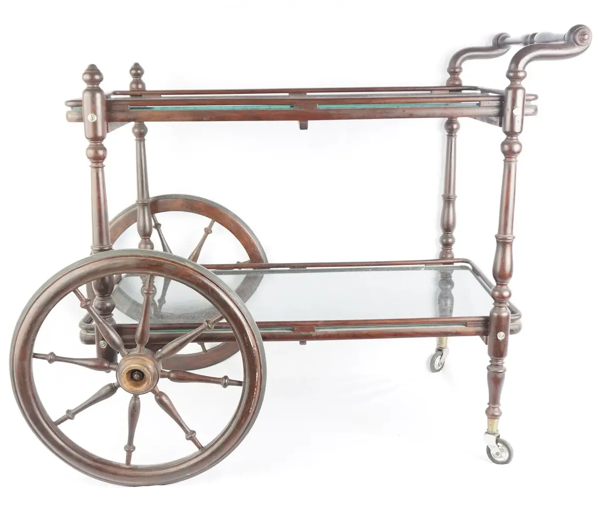 Ornate Carved Dark Wood Wheeled Bar Tea Cart With Glass Shelves