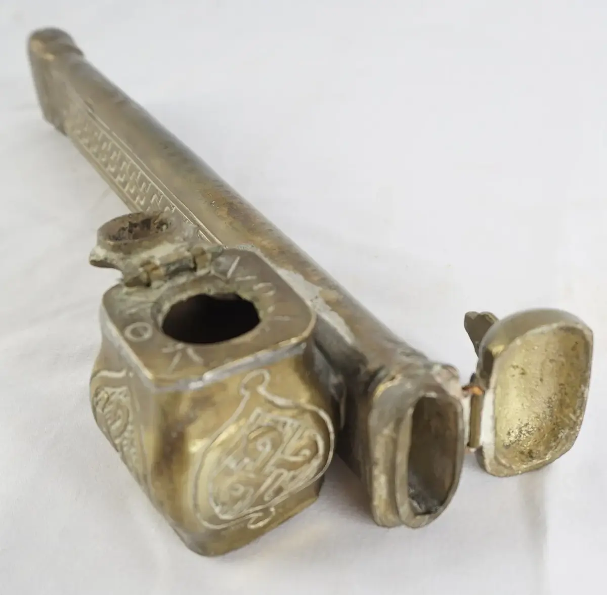Ottoman Style Brass Qalamdan Pen Case With Attached Inkwell
