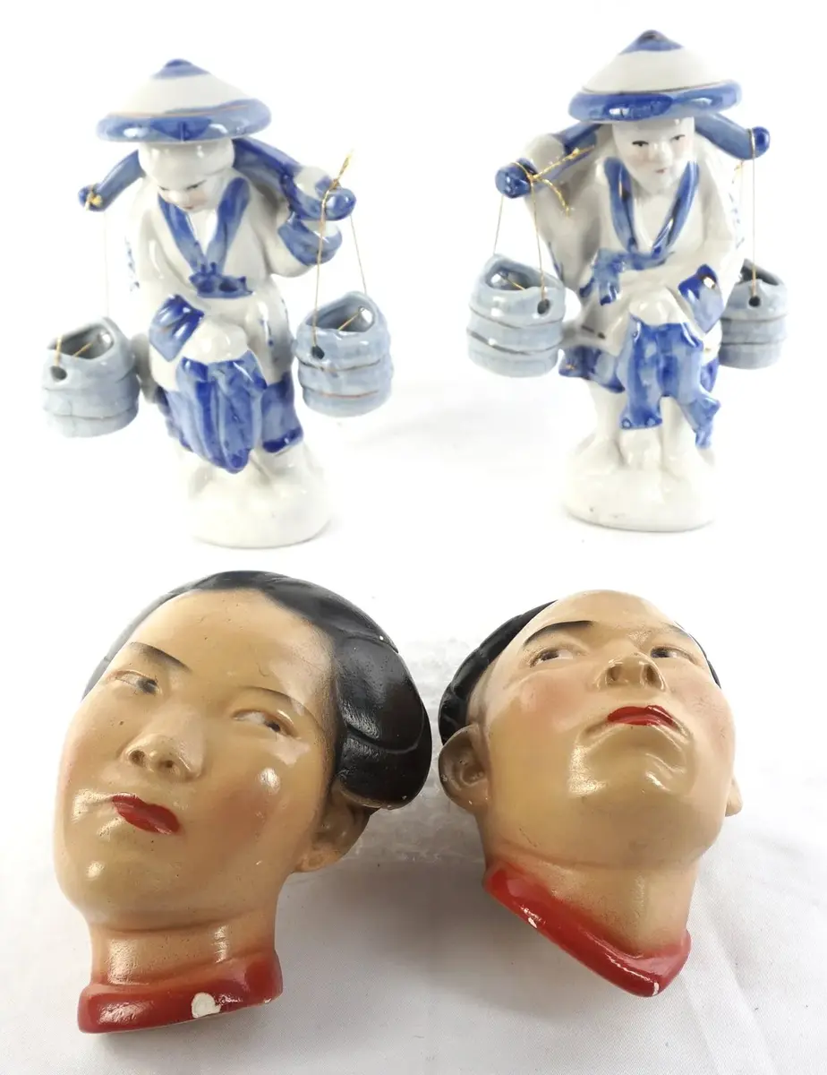 Vintage Asian Man and Woman Chalkware Heads, Set of 2, Robia Ware, Plus Porcelain Figures