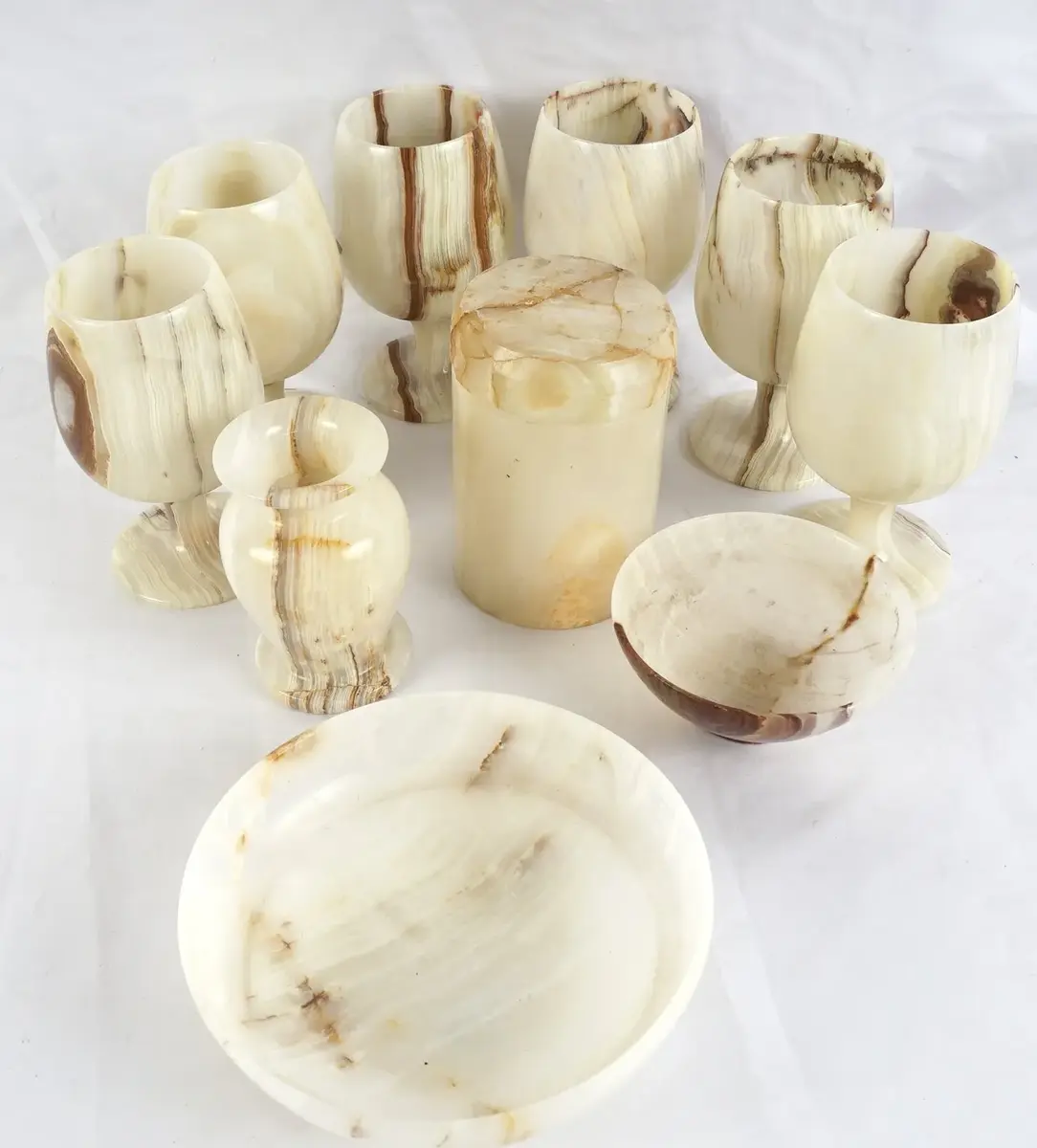 Onyx Wine Goblet Set and Others: Lidded Canister, Bowls and Vase