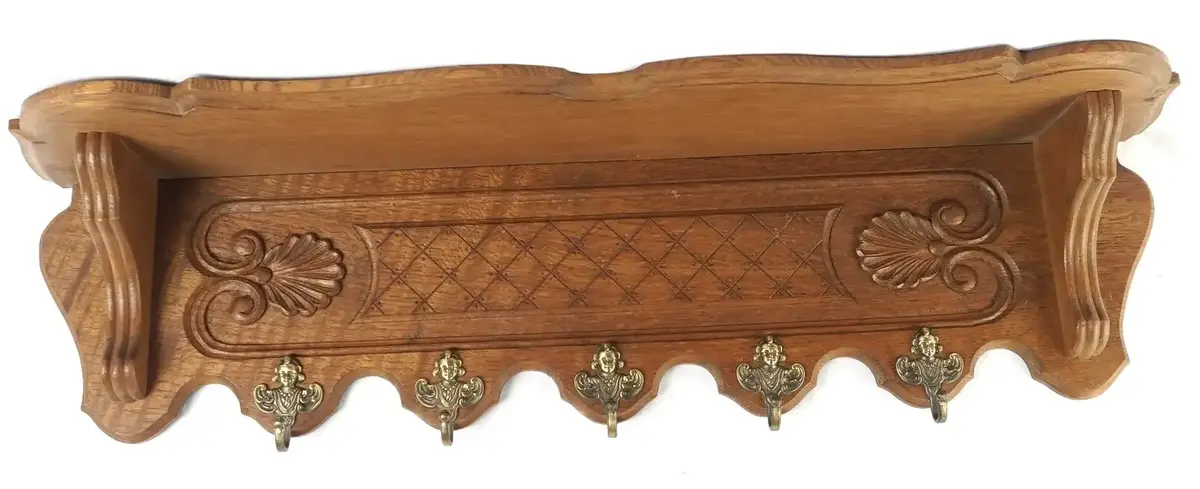 Heavy Carved Oak Wall-Mounted Coat Rack With Shelf And Ornate Brass Hooks, 38 In.