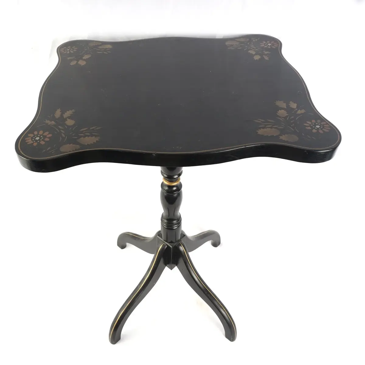 Black Lacquer Pedestal Tilt-Top Table With Hand-Painted Gold Floral Corners