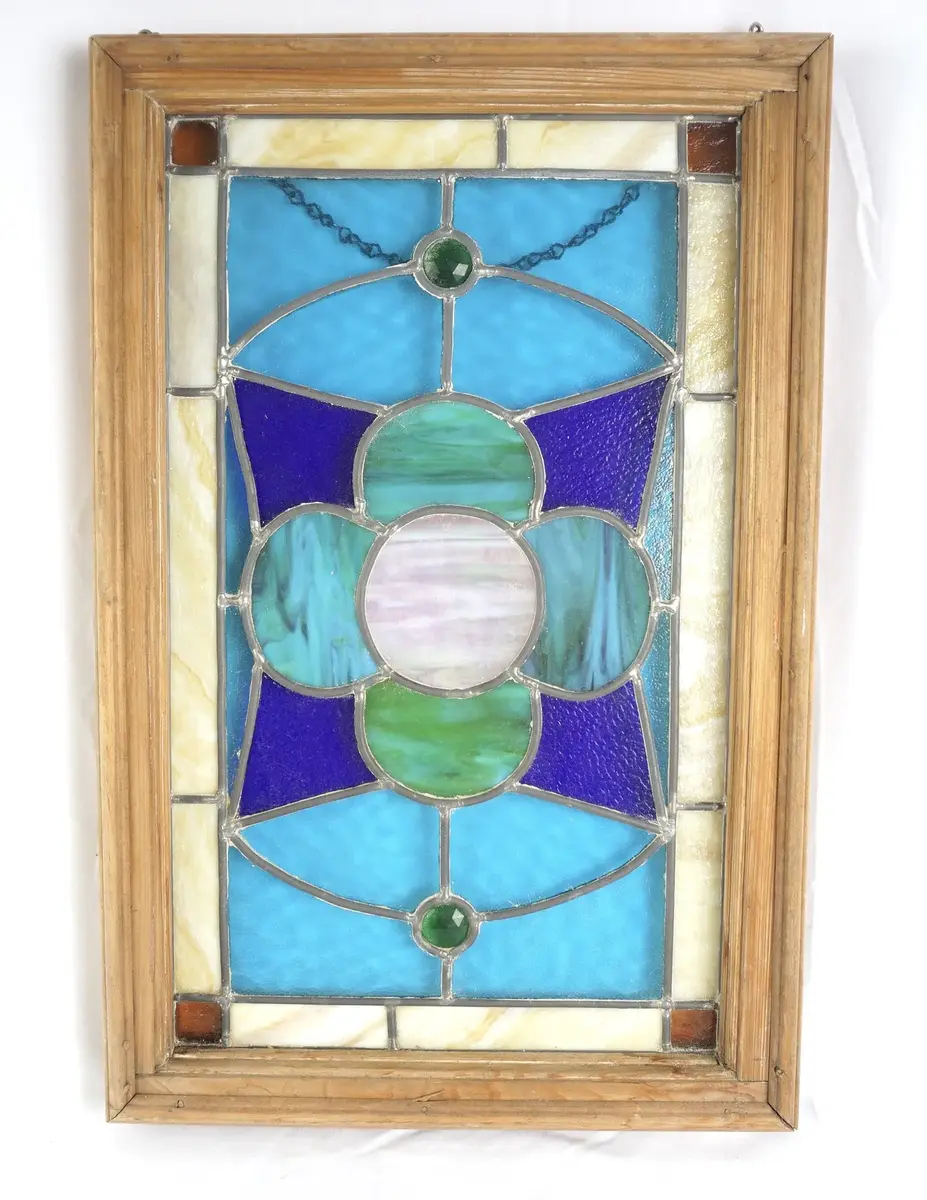 Framed Stained Glass Panel In Blue, Turquoise And Green With Hanging Chain