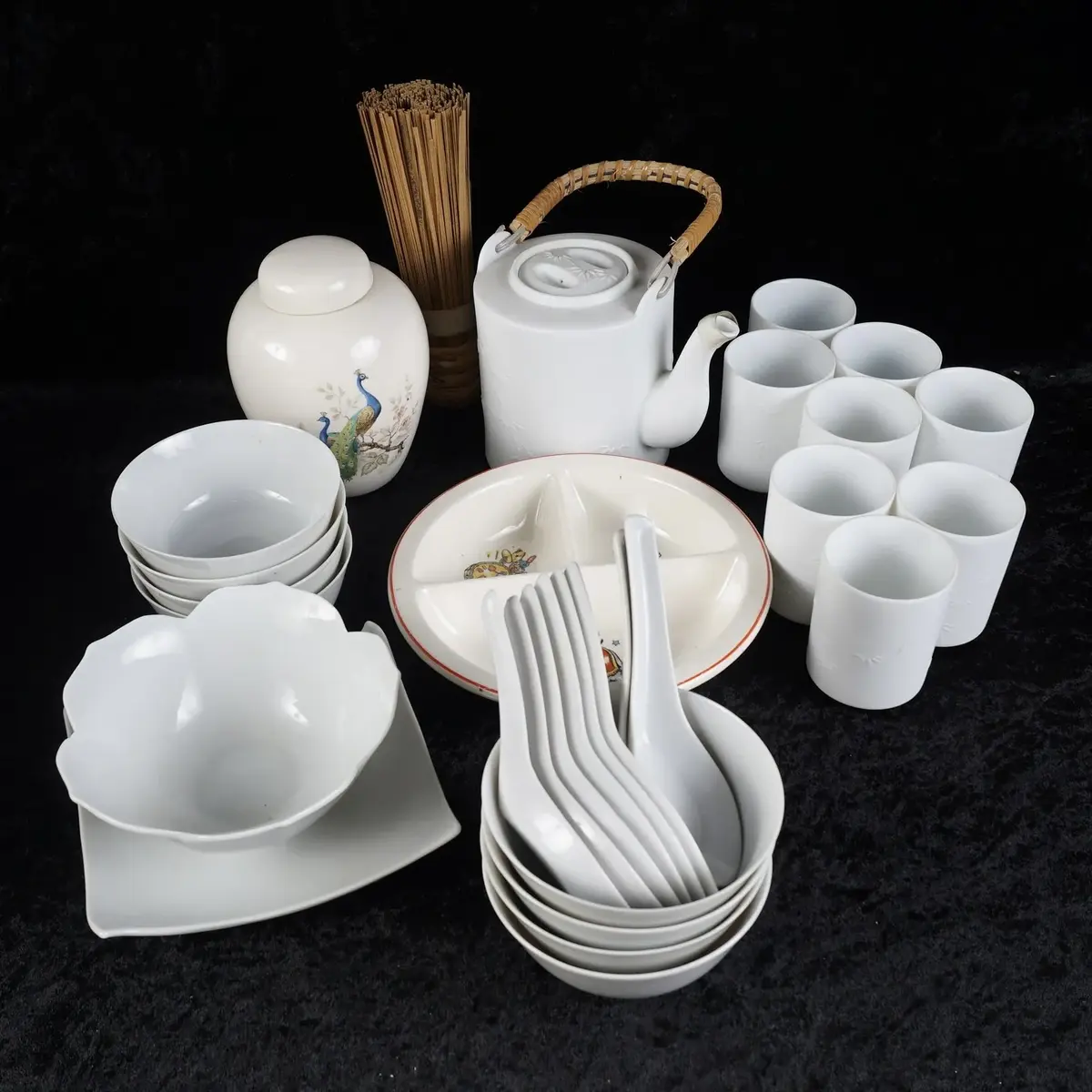 White Porcelain Bamboo Relief Teapot & Cups With Asian Bowls, Soup Spoons & Ginger Jar