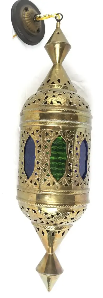 Vintage Signed 30" Moroccan Brass Hanging Lamp With Blue And Green Glass Panels