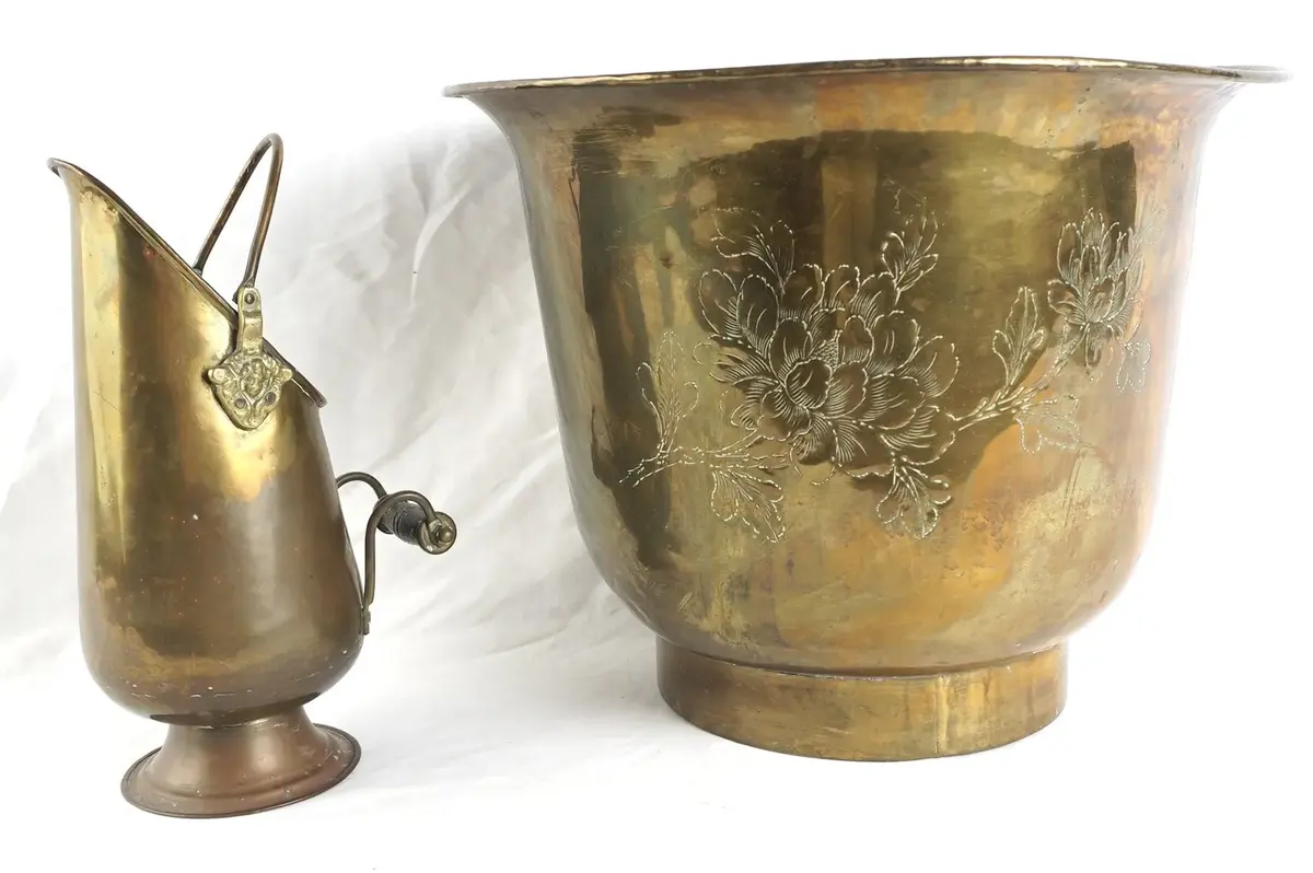 Large Vintage Brass Planter With Etched Floral Vine And Brass Coal Scuttle