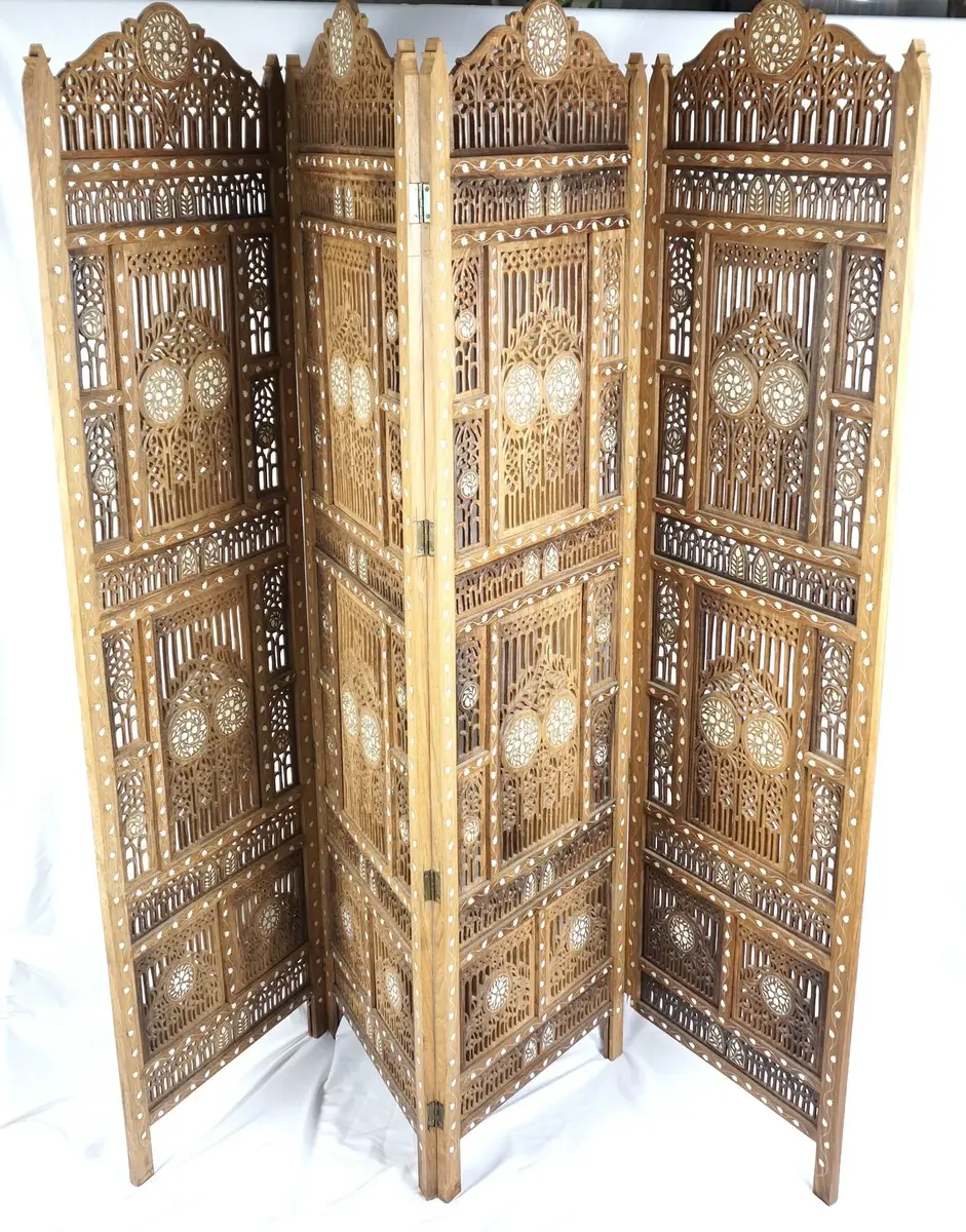 Carved Wood & Inlay 4-Panel Folding Room Divider Screen