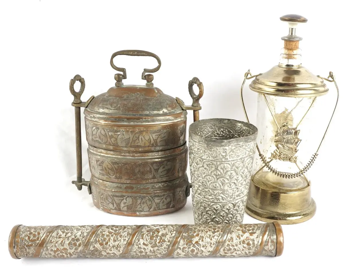 Vintage Embossed Copper And Brass Tiffin Box, Scroll Holder, Tumbler And Musical Hanging Bottle