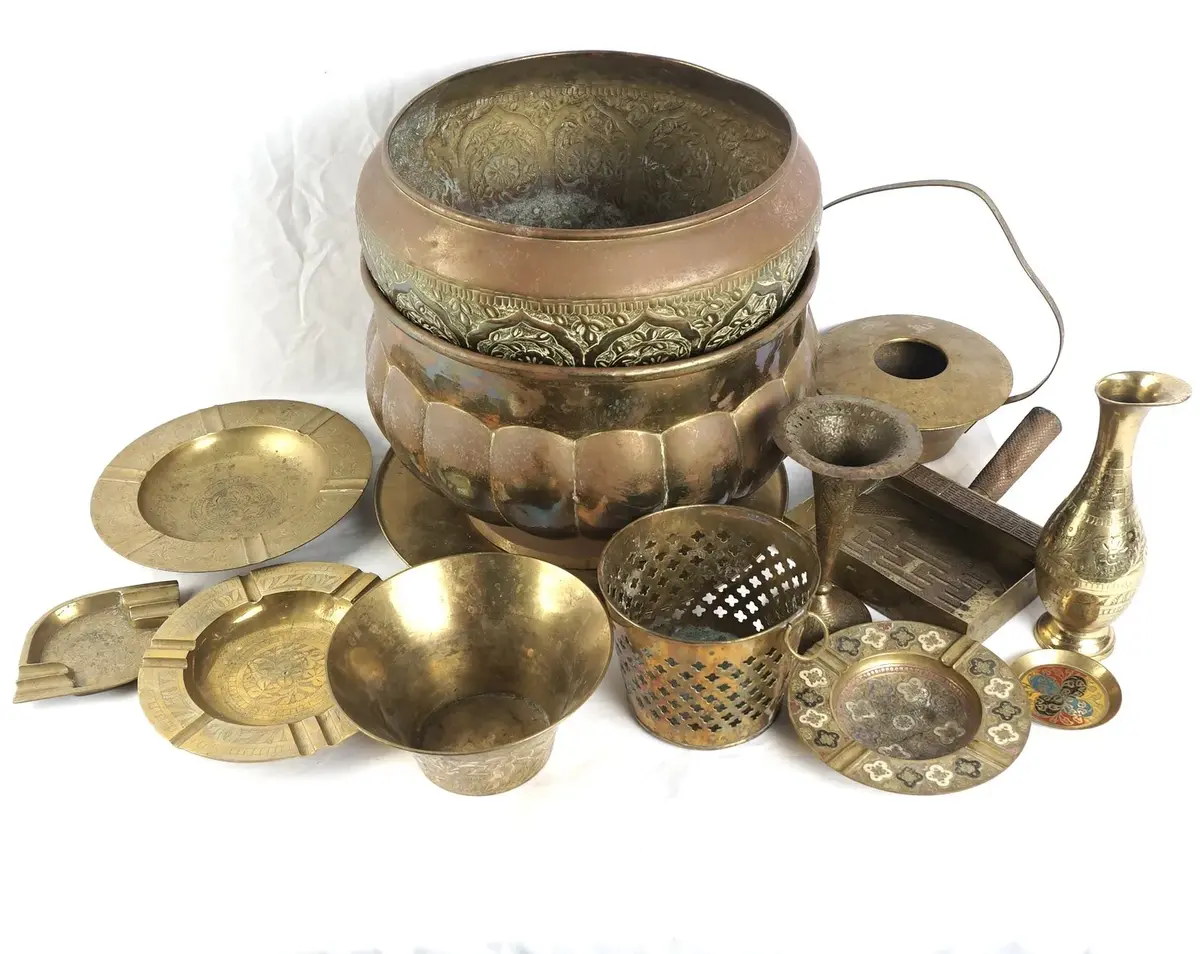Vintage Brass-Tone Planters, Bowls, Vases, Ashtrays And Trays, Stamped China And India