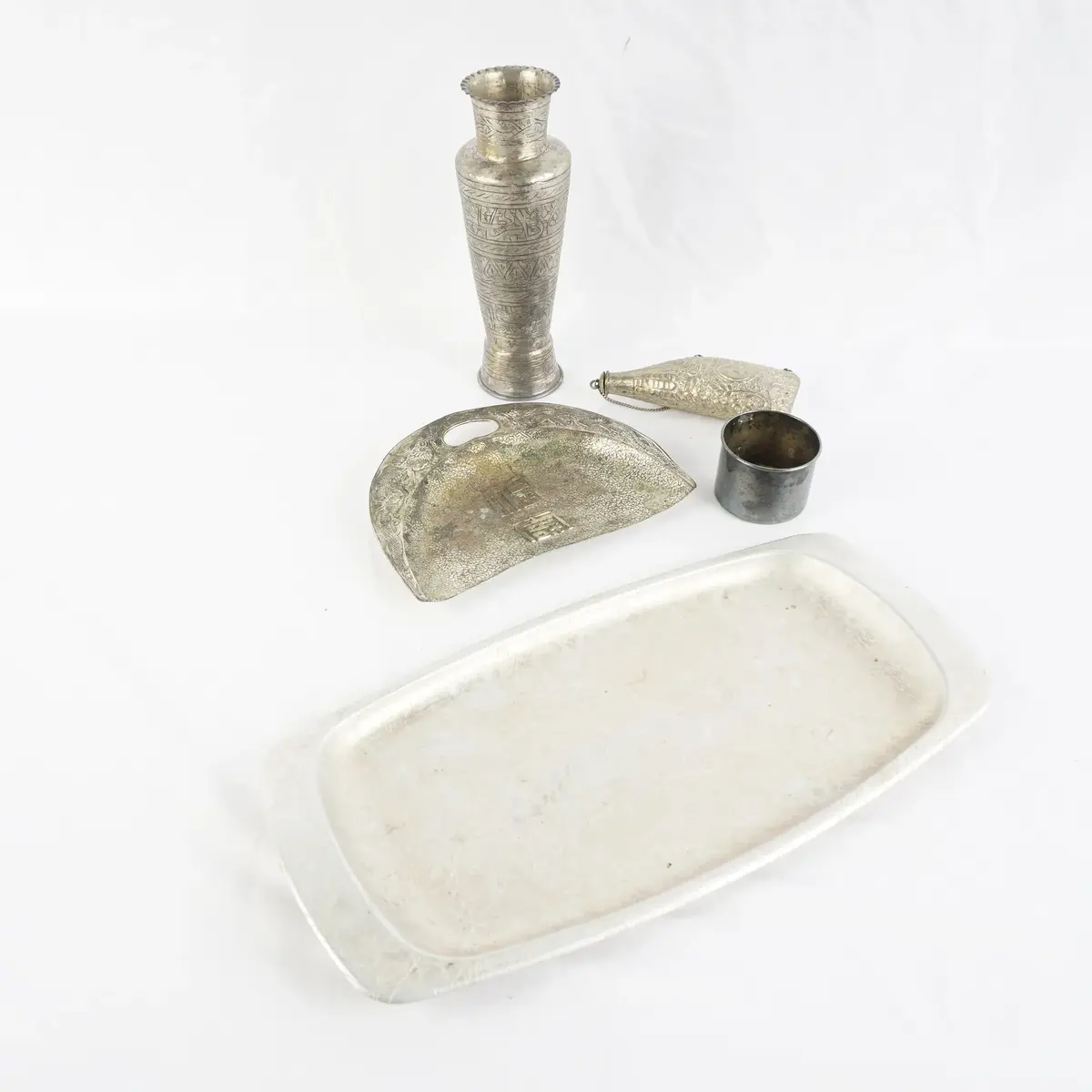Vintage Silver-Tone Metal Decor: Hammered Tray, Engraved Vase, Crumb Pan, Cup & Small Purse