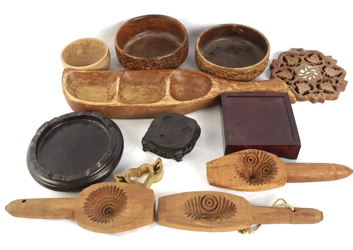 Traditional Hand-Carved Wood Ma'amoul Cookie Molds, Snack Dish, Carved Wood Bowls And Stands