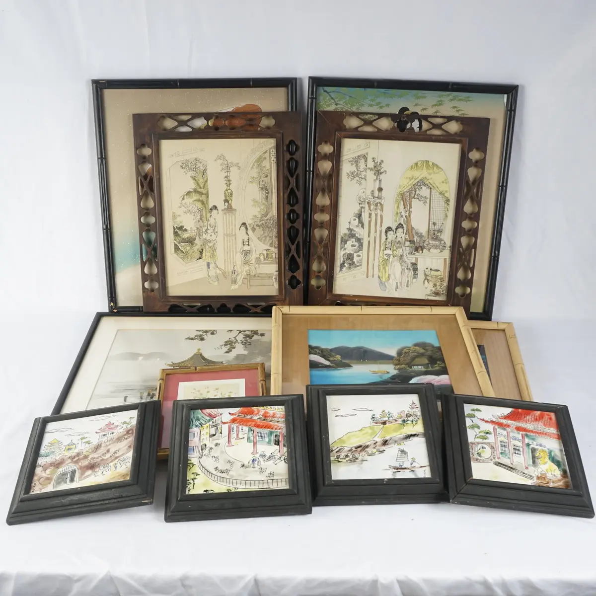 13 Piece Asian Art Assortment: Silk Paintings, Signed Chinese Tiles, Geisha Art, Tung-Lai-Chen