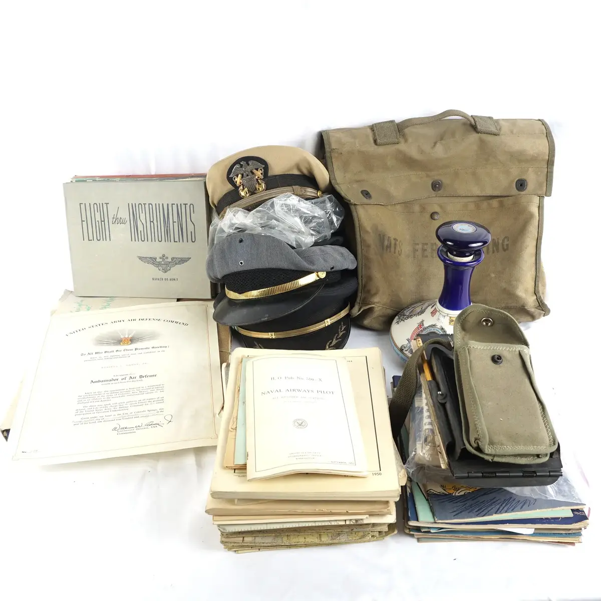 Vintage Naval Aviation Collection: Officer Caps, Navigation Manuals, Charts & Pusser's Decanter