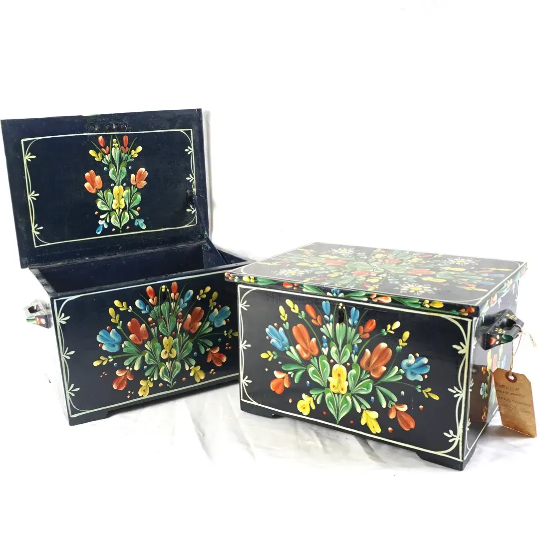 2 Pc. Signed Turkish Folk Art Hand-Painted Floral Tabletop Chest, 1995