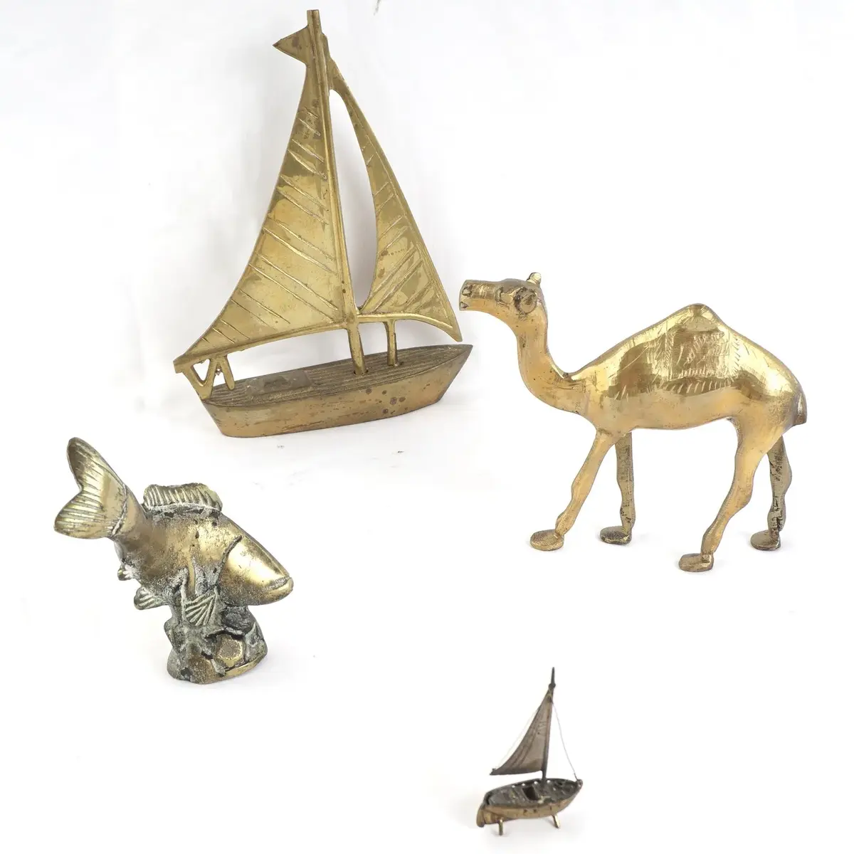 Vintage Solid Brass Sailboat, Camel, Fish And Mini Sailboat Figures