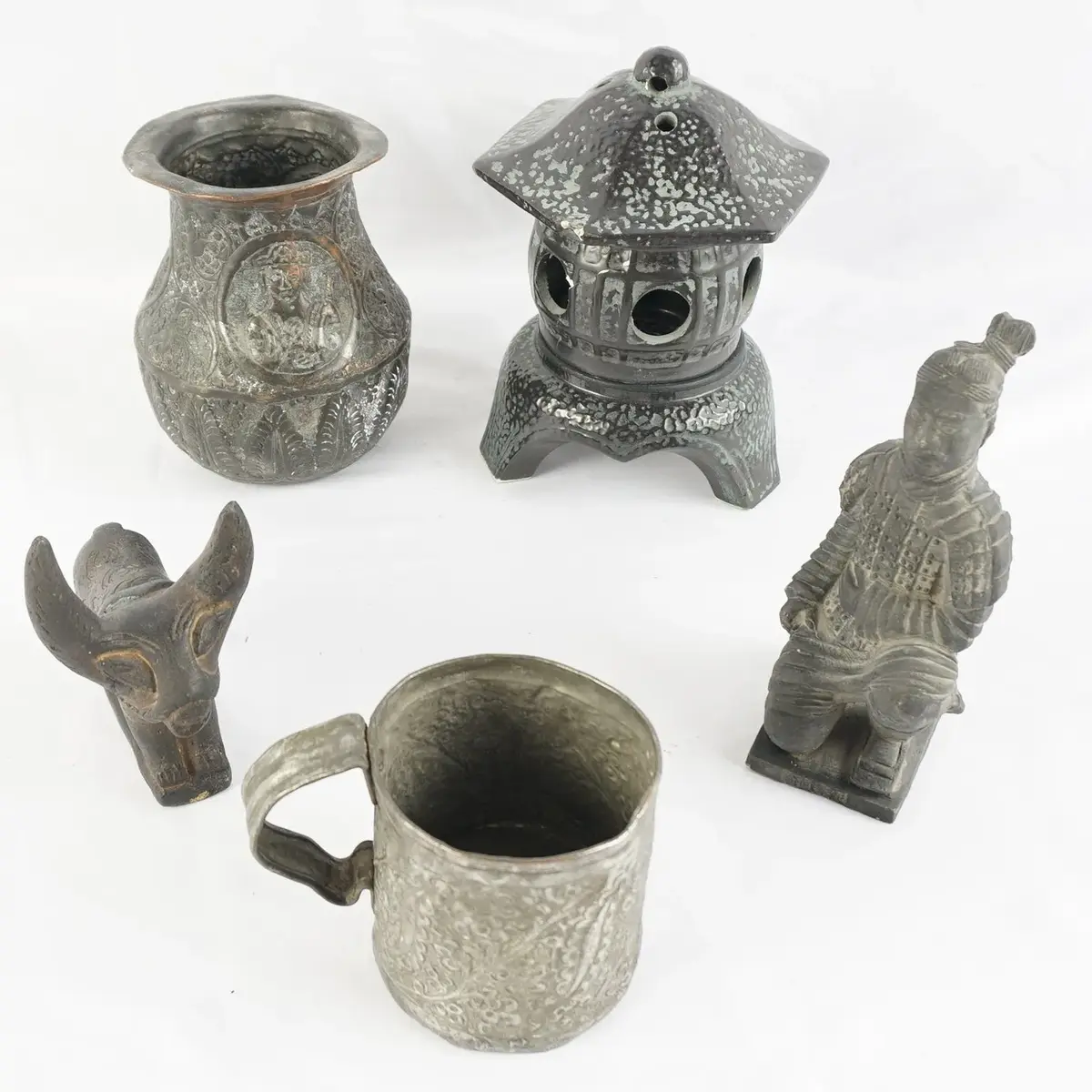 Small Cast Iron Pagoda Lantern and Others: Embossed Metal Vase, Cup, Bull and Warrior Figures