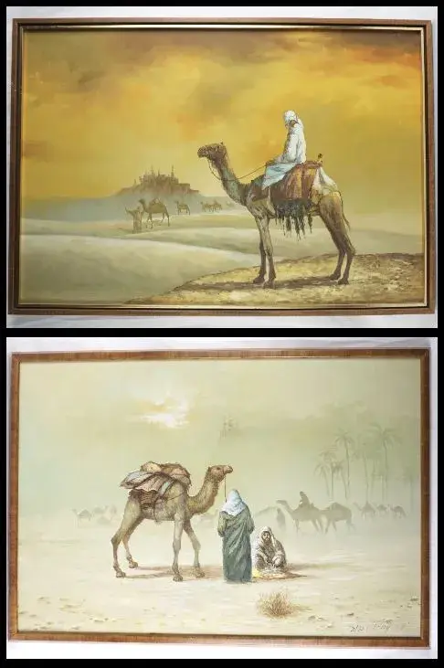 Two Hand Painted Orientalist-Style Desert Landscape Paintings, Framed Canvas