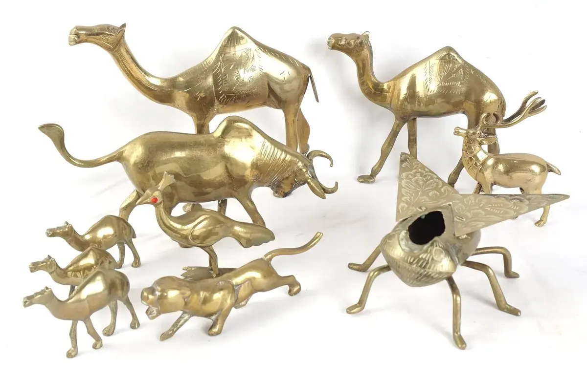 10 Vintage Solid Brass Animal Figures, Camels, Bull, Stag And More