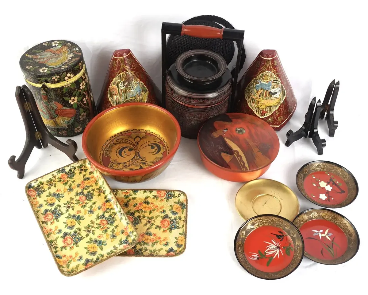 Vintage Asian Lacquered Wood And Papier-Mache Painted Assortment With Display Stands