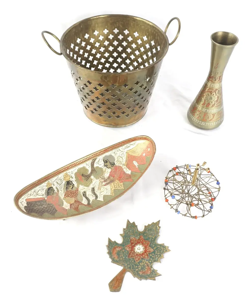 Hand-Painted Brass Oval Tray, Pierced Brass Planter, Enameled Leaf Dish And More