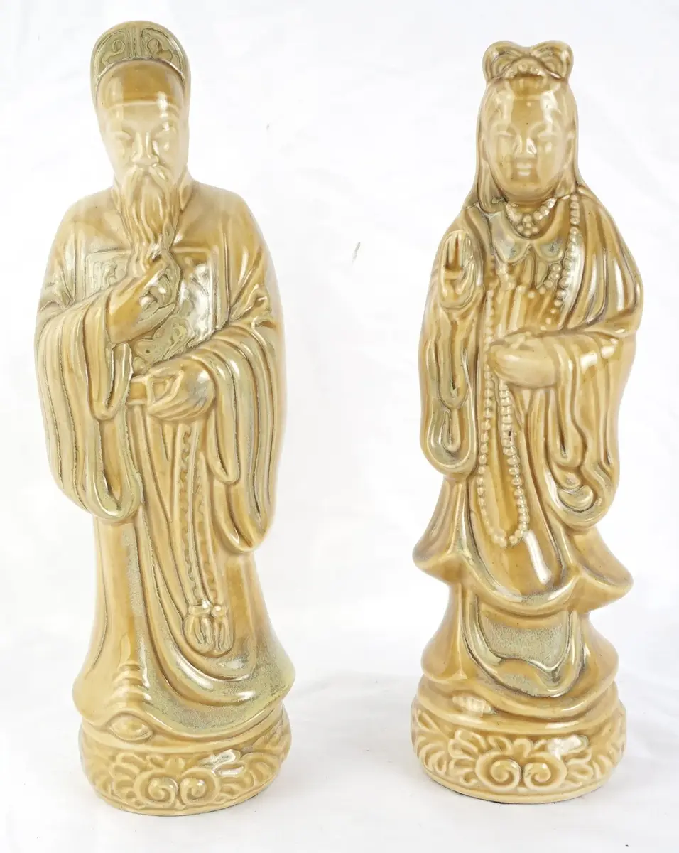 Chinese Glazed Ceramic Statues, Scholar And Guanyin Figures
