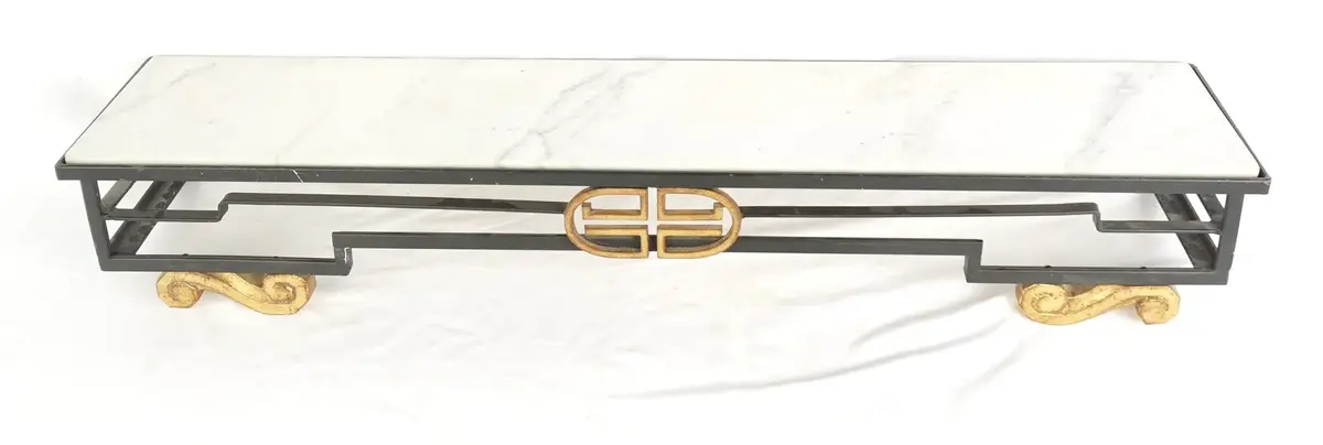 2-Piece Marble And Black Iron Decor Shelf With Gold Scroll Embellishments
