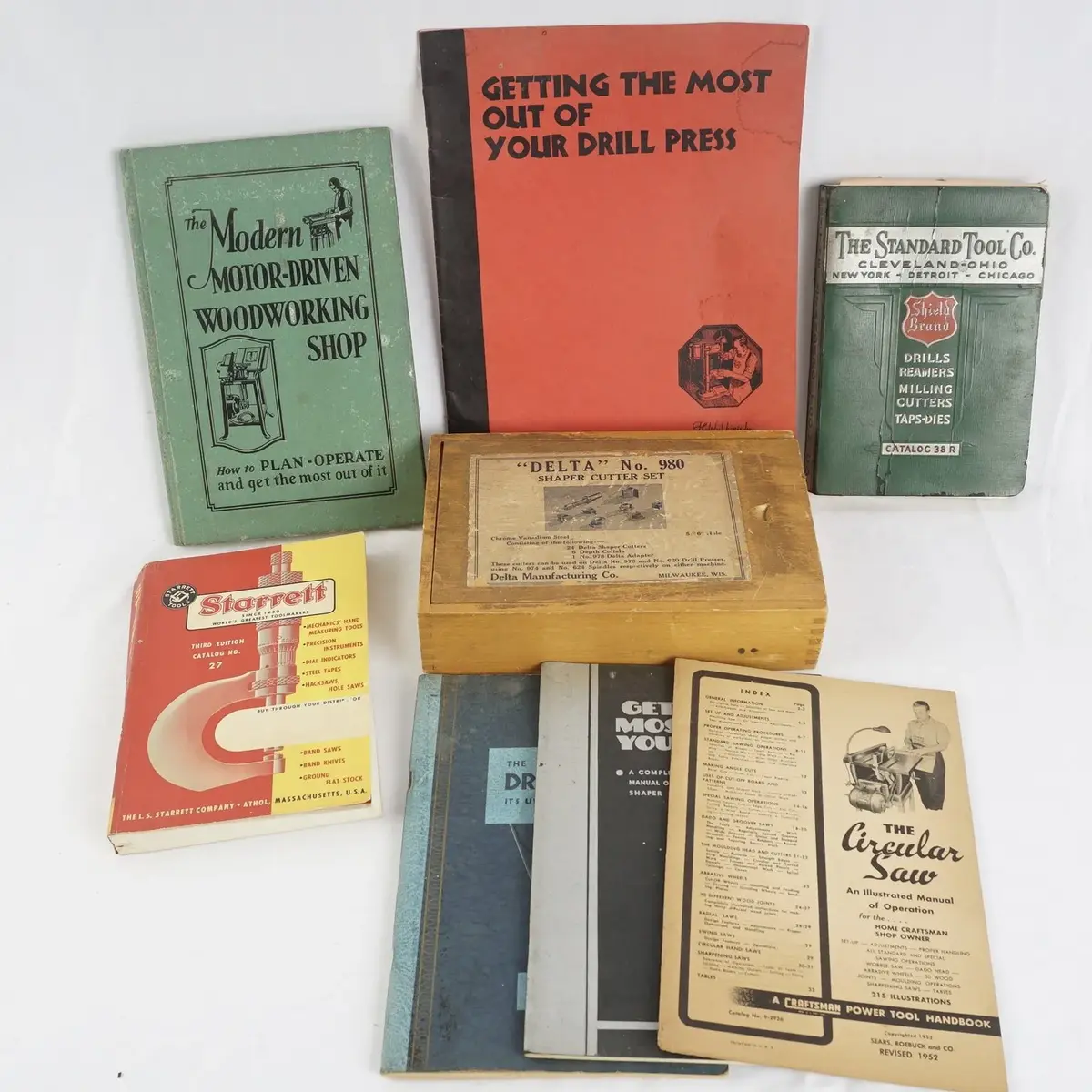 Delta No. 980 Shaper Cutter Set With Vintage Woodworking Manuals And Tool Catalogs, 8 Pcs.