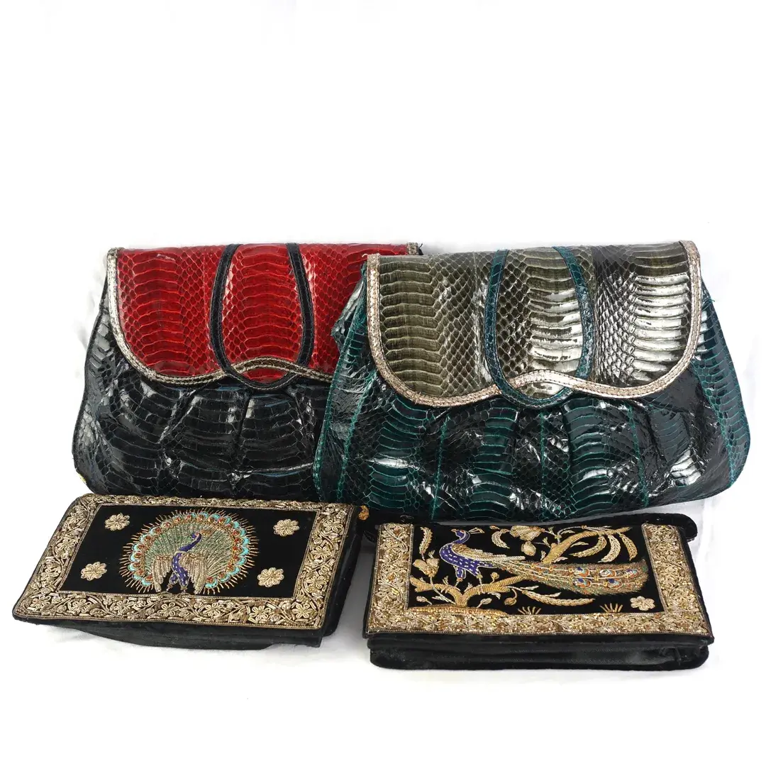 Vintage J. Renee Snakeskin Foldover Clutches And Black Velvet Zari Embroidered Bags