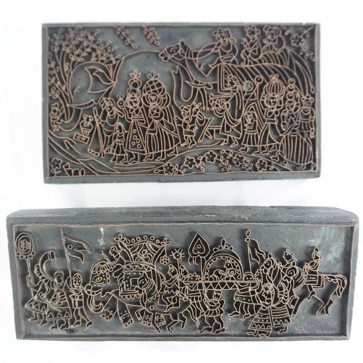 Batik Stamp Blocks With Metal Strip Figural Procession Designs