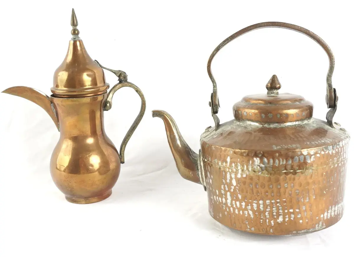 Vintage Hand-Hammered Copper Tea Kettle, Dallah Coffee Pot And Copper Pitcher