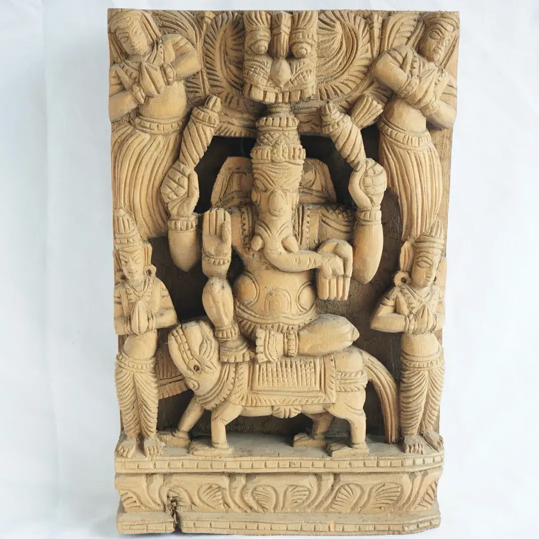 Hand-Carved Wood Ganesh Temple Panel With Attendant Figures