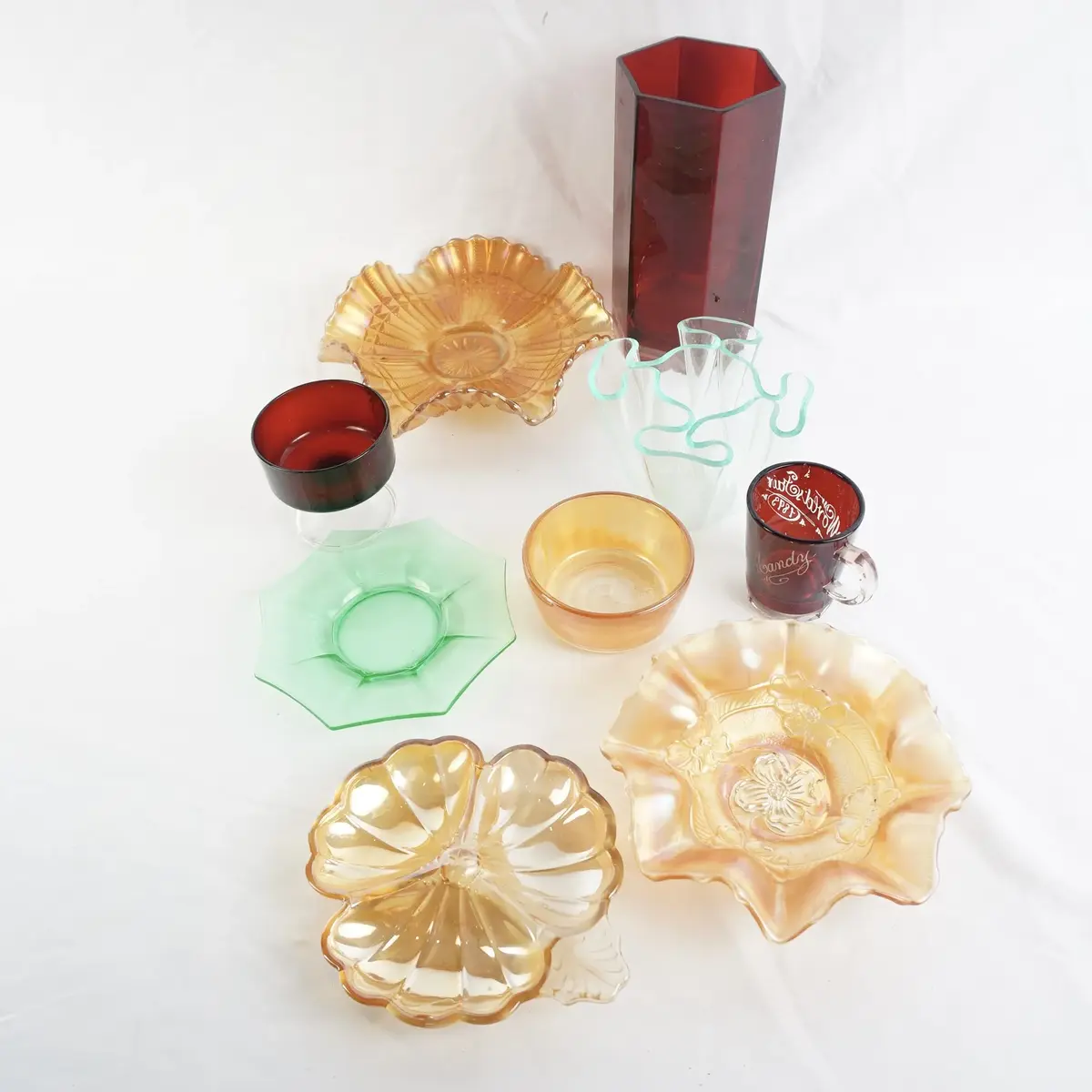 Uranium Glass Plate, Carnival Glass, 1893 World's Fair Personalized Red Glass Cup and More