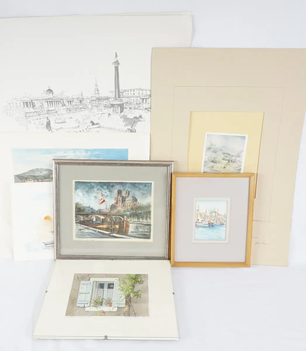 9 Piece Original European Art Collection: Watercolors, Alfred Dunhill Lithographs, Anne Fewell