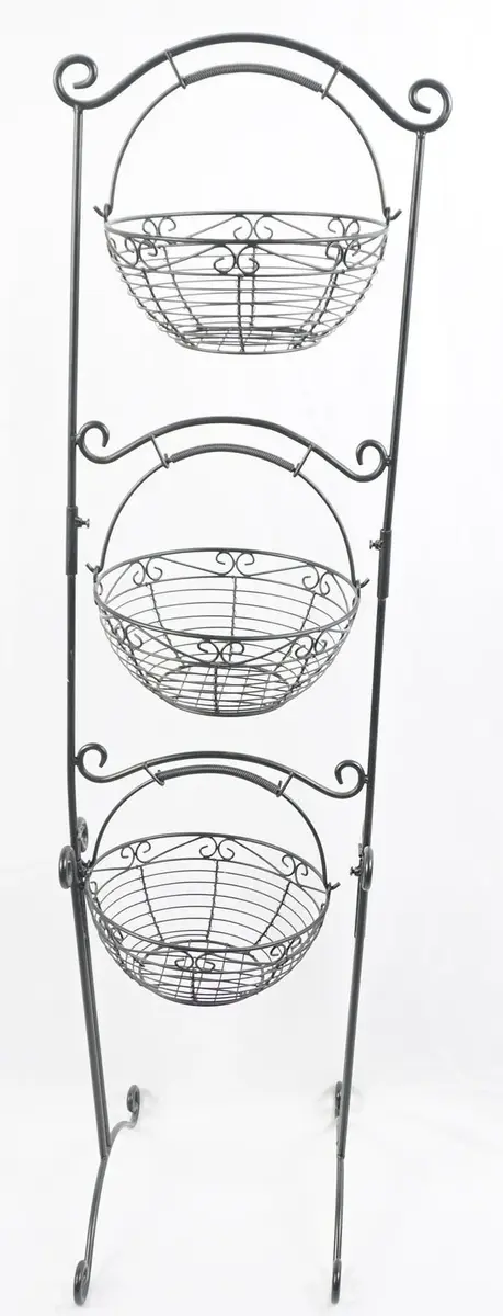 Black Iron 3-Tier Vegetable Basket Stand With Scroll Top