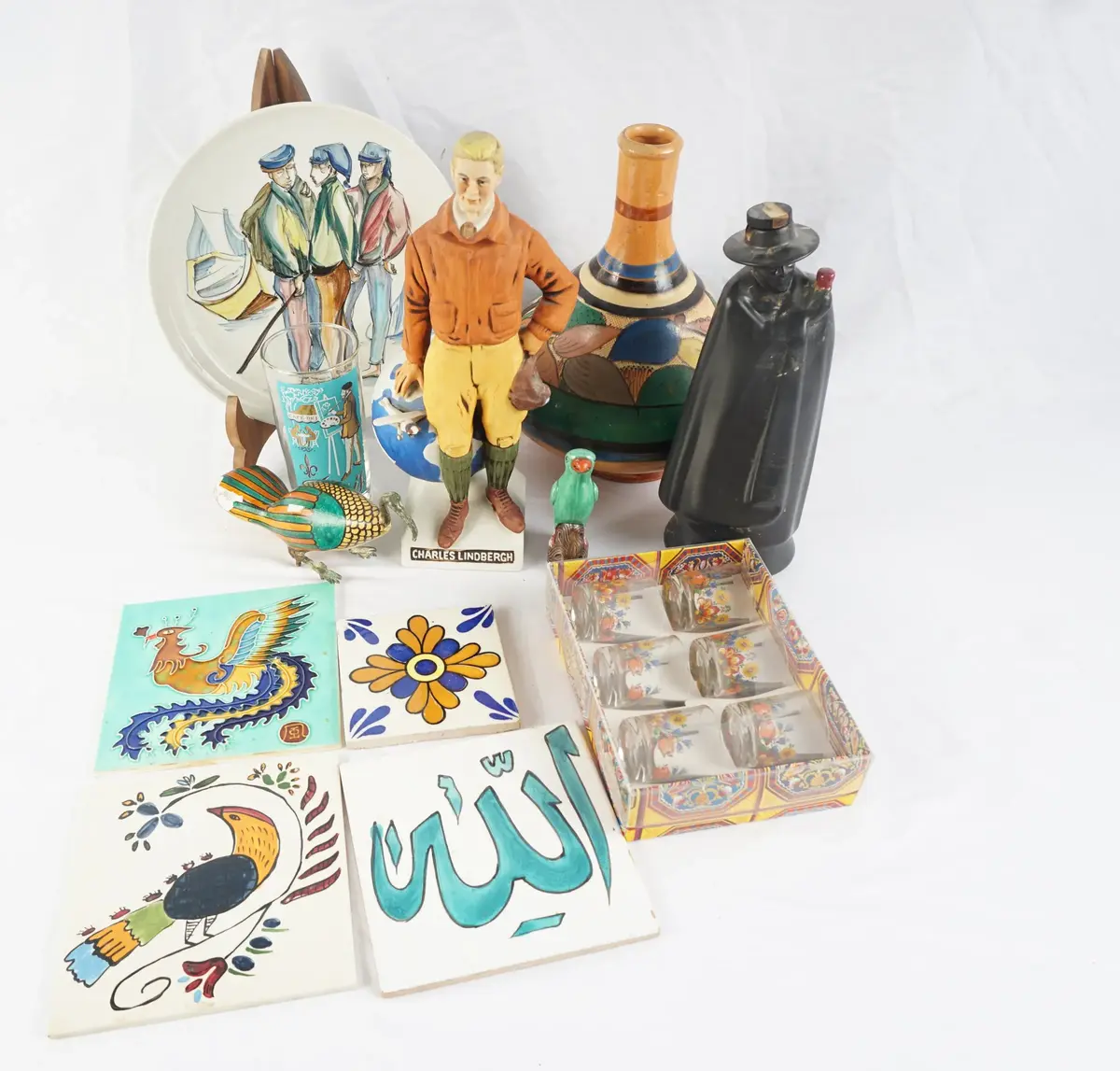 Mexican Tlaquepaque Pottery Water Bottle Vase, Secla Portugal Plate, Wedgwood Decanter & More