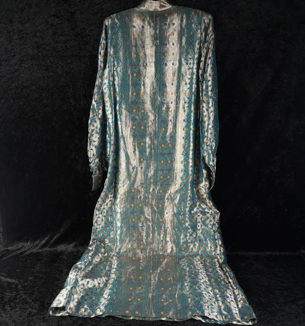 Vintage 100% Pure Silk Brocade Robe or Kaftan From Burlingtons, Turquoise & Silver
