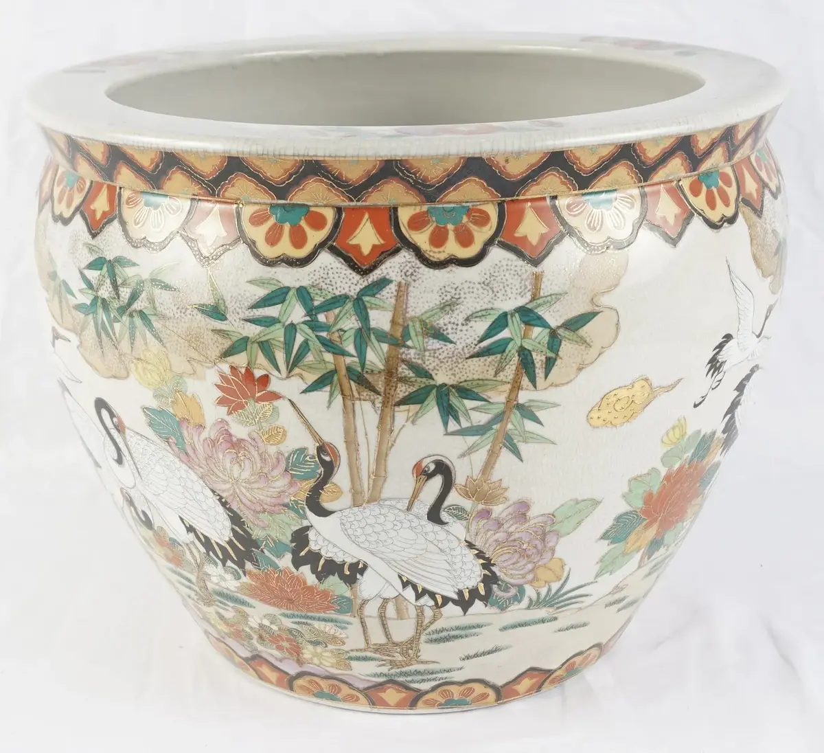 Vintage Hand-Painted Porcelain Fish Bowl Planter With Cranes & Goldfish, Stamped on Bottom