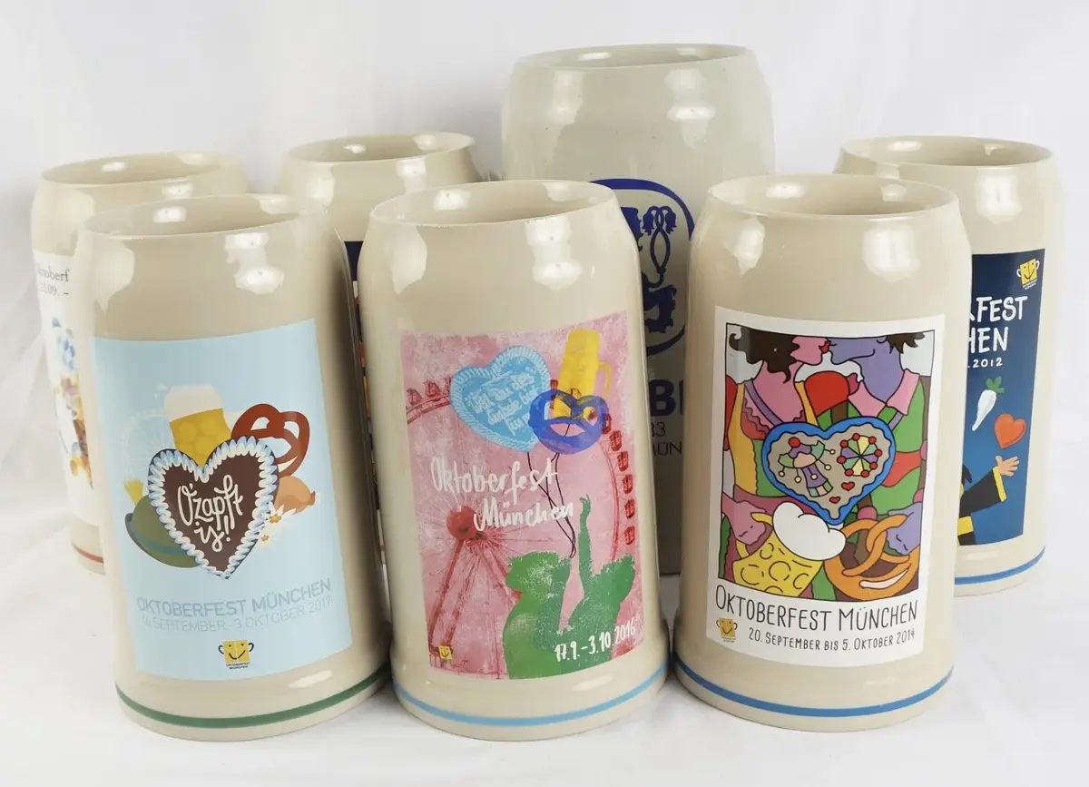 6 Rastal Oktoberfest Munchen Artist-Signed Steins, 2012-2017, And 2 Liter Lowenbrau Tankard