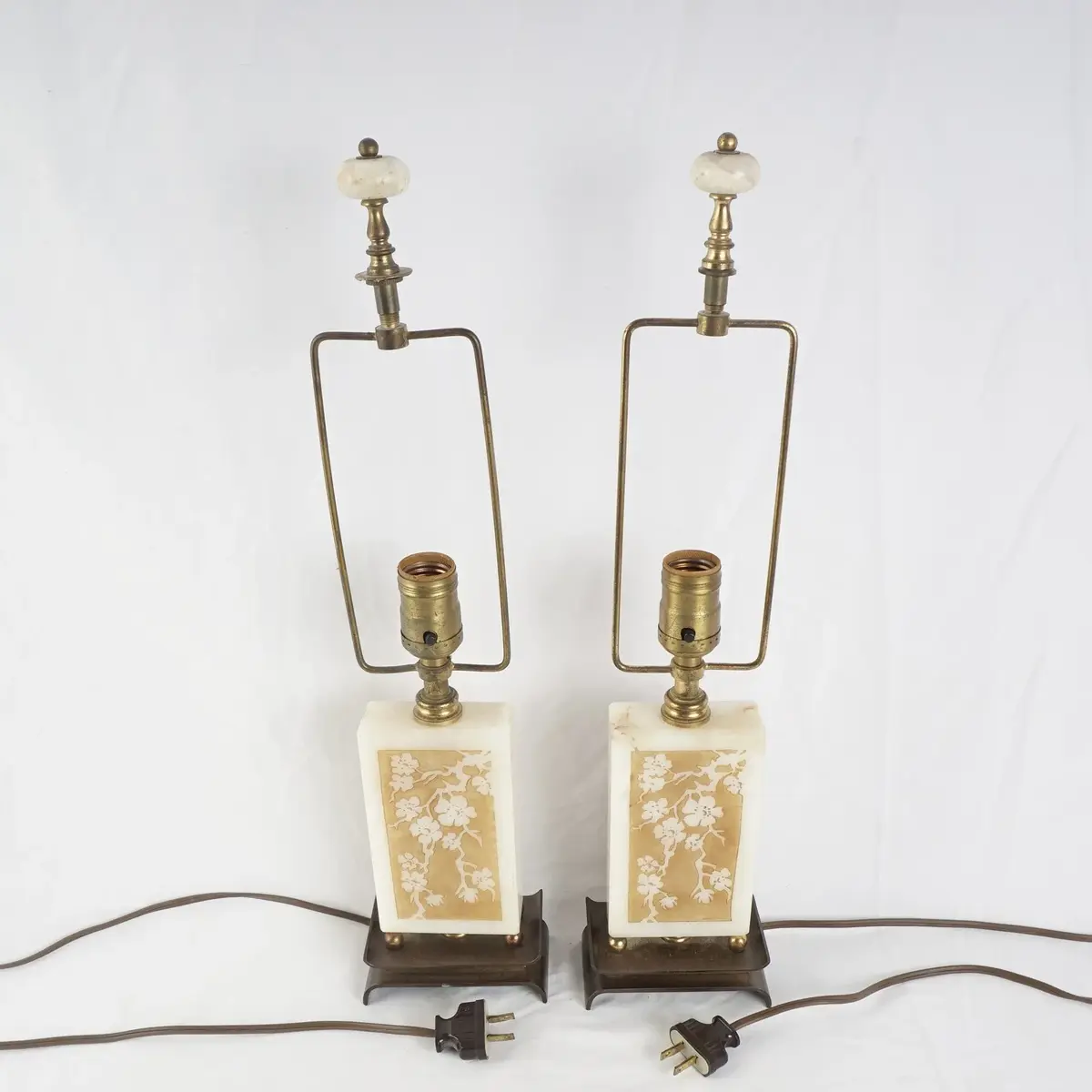 Pair Of Mid-Century Carved Alabaster Table Lamps With Art Deco Brass Mounts