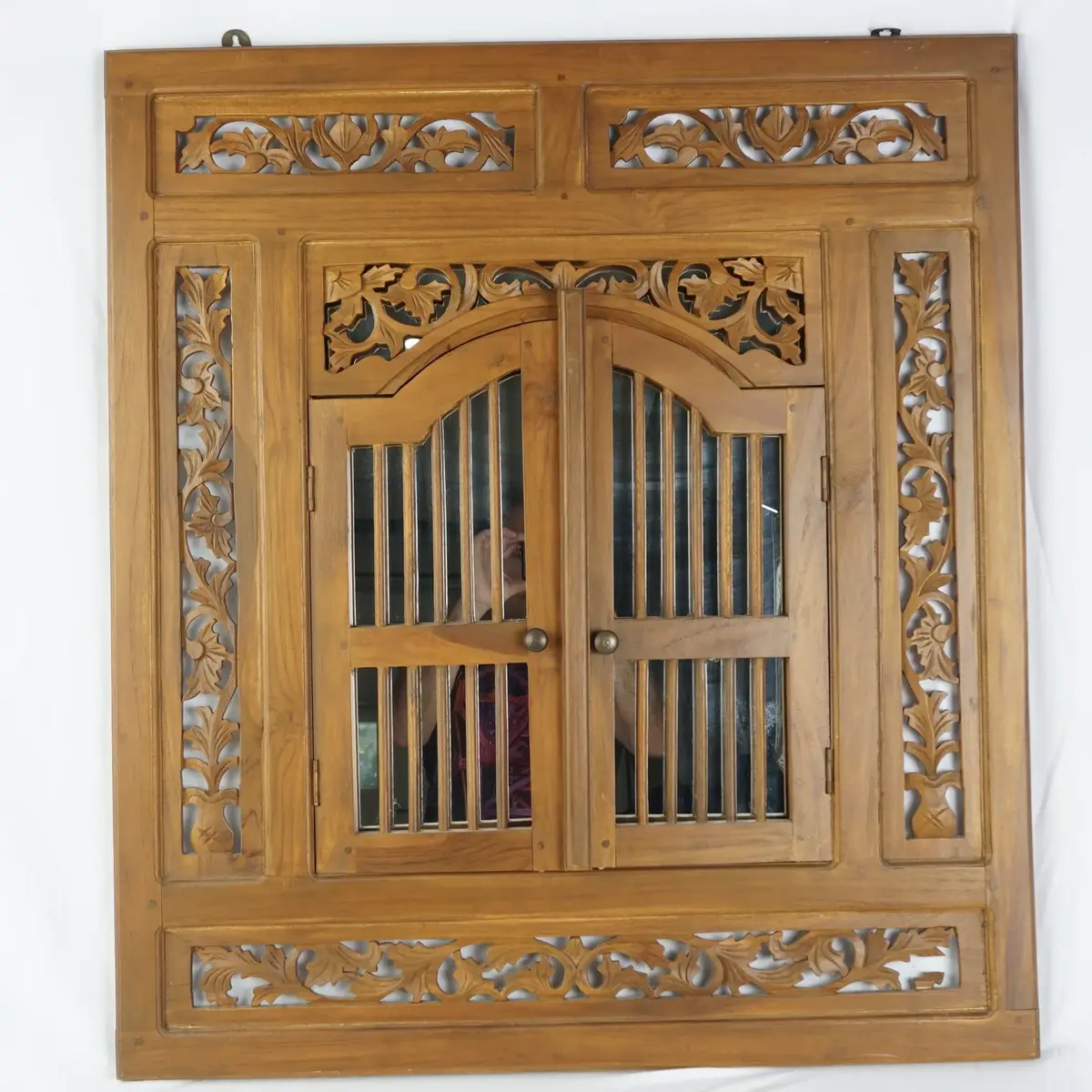 Ornate Carved Wood Framed Wall Mirror With Shutter-Style Doors, 31 x 36 In.