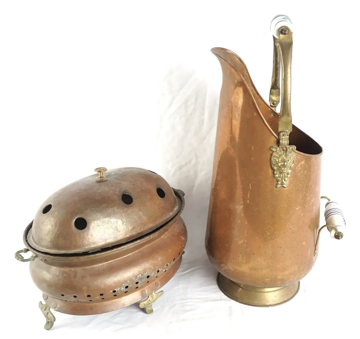 2 Copper And Brass Pieces: Footed Lidded Brazier And Coal Scuttle With Delft-Style Handles