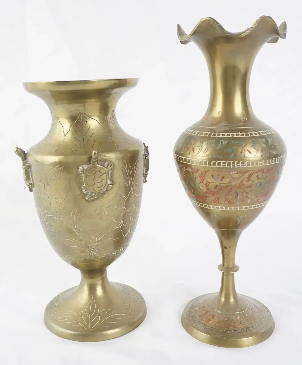 Brass Turtle Vase And Etched Brass Floral Vase