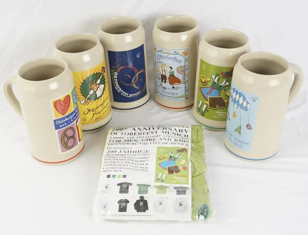 6 Rastal Oktoberfest Munchen Artist-Signed Steins, 2006-2011, Plus 200th Anniversary T-Shirt