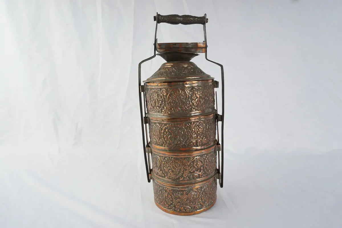 Antique Dabba Copper Tiffin Box, Hand Engraved, Four Compartments, 15.5 In.