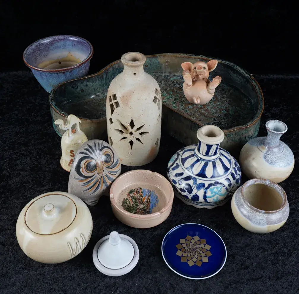 Ceramic Decor Assortment, Some From Saudi Arabia: Vases, Owl, Bell, Lidded Jars & Studio Dish