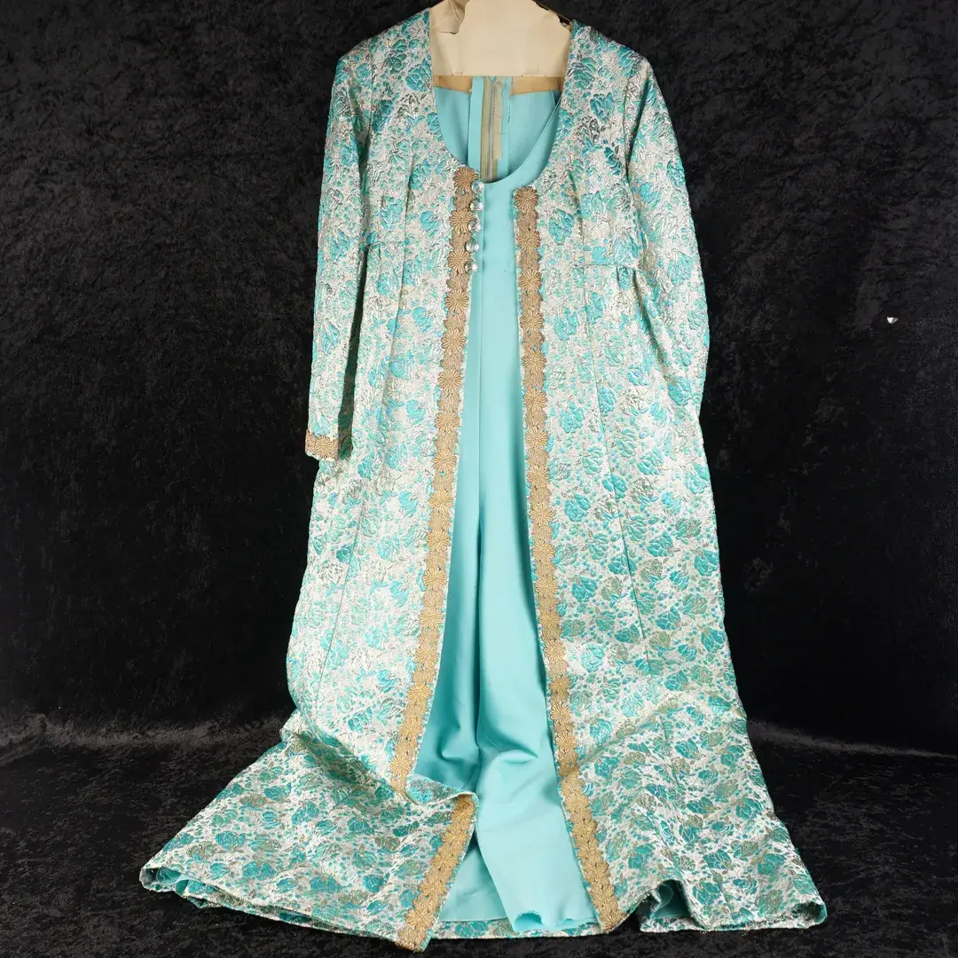 Vintage Turquoise & Gold Brocade Kaftan Coat With Floral-Trimmed Placket & Matching Aqua Dress