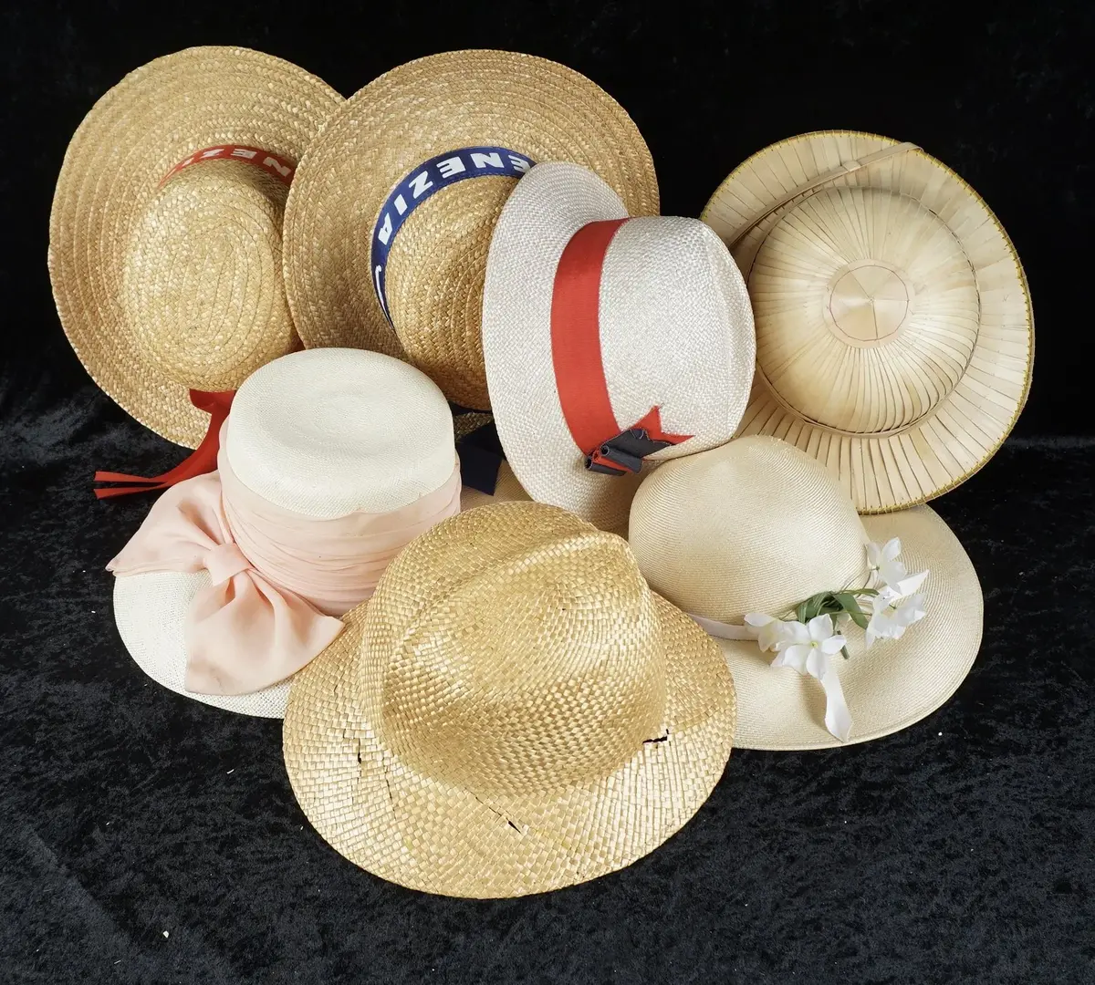 7 Assorted Women's Straw & Sun Hats, Venezia Gondolier Boaters, Floral & Bow Trim