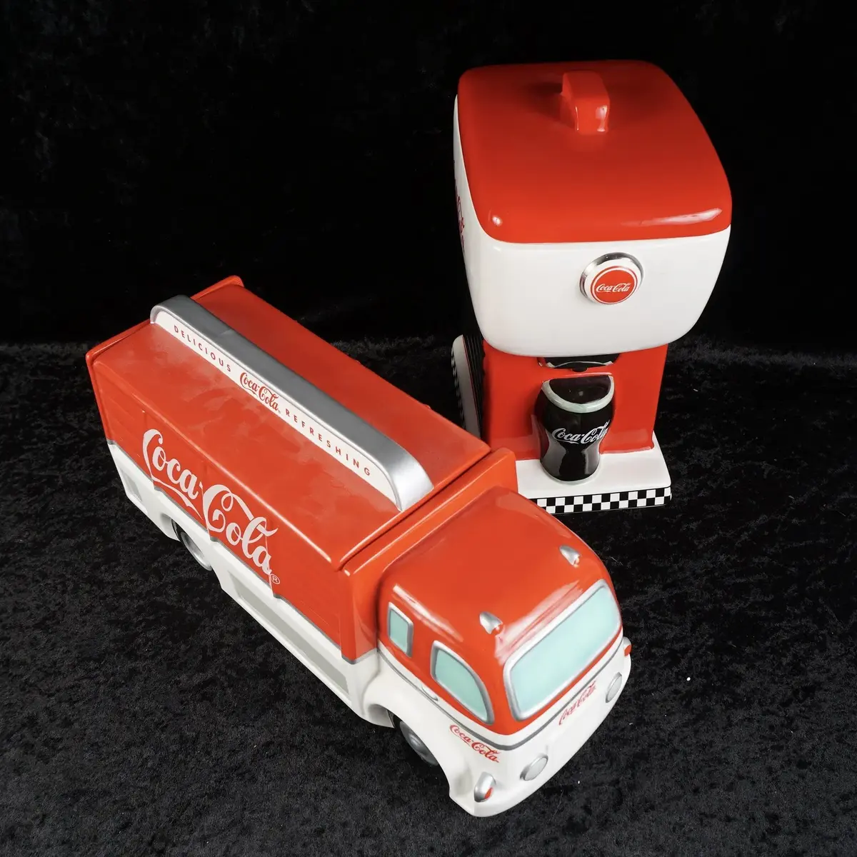 2 Vintage Coca-Cola Ceramic Cookie Jars, Delivery Truck & Ice Cold Soda Fountain Dispenser